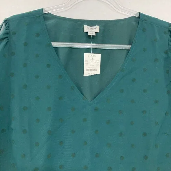 New J. Crew size XL Green V Neck Swiss Dot Long Sleeve Chiffon Blouse Preppy - Picture 4 of 12